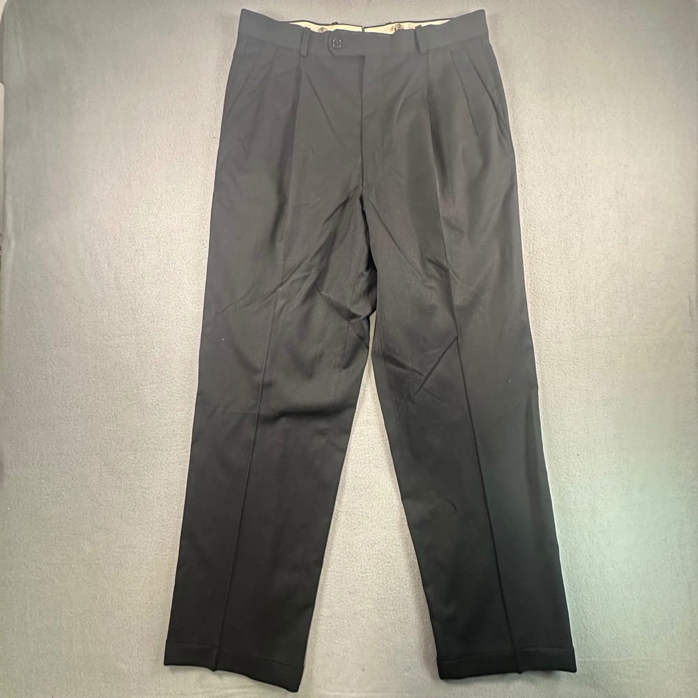 Tom James Filo A Mano Black Wool Pleated Cuffed Dress Pants Mens 34x32